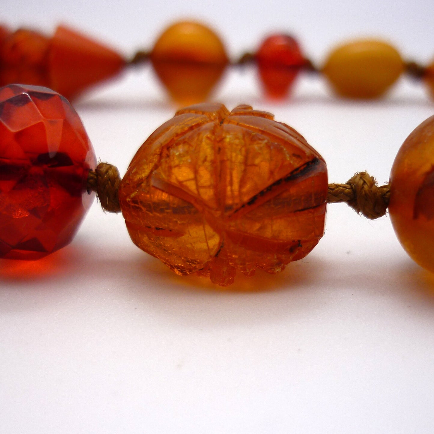 Antique Bakelite Necklace, Cherry and Amber Carved Early Plastic Beads