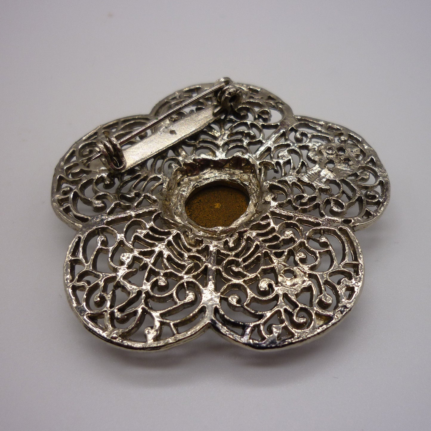 Vintage Filigree Silver Tone Flower Brooch Set With Paste Citrine