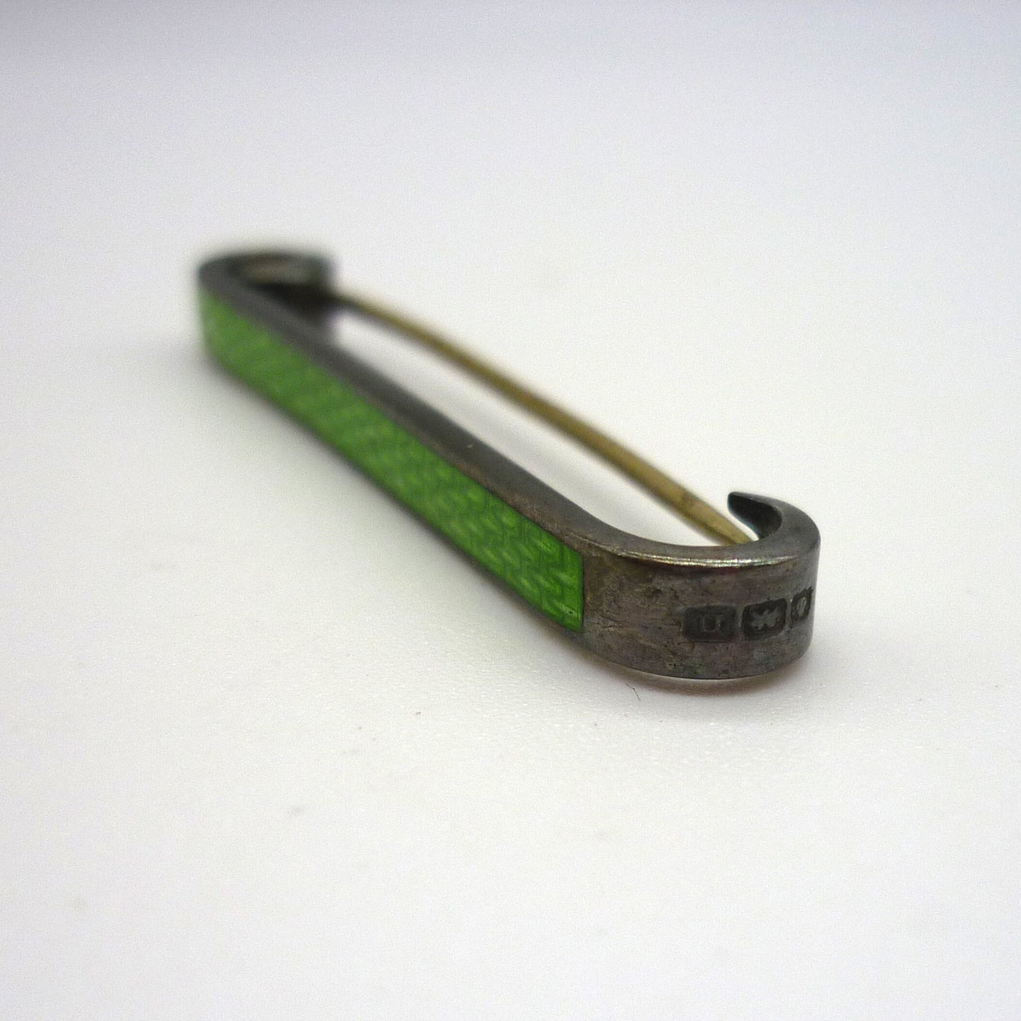 Edwardian Silver Bar Brooch with Green Enamel Woven Patterned Panel
