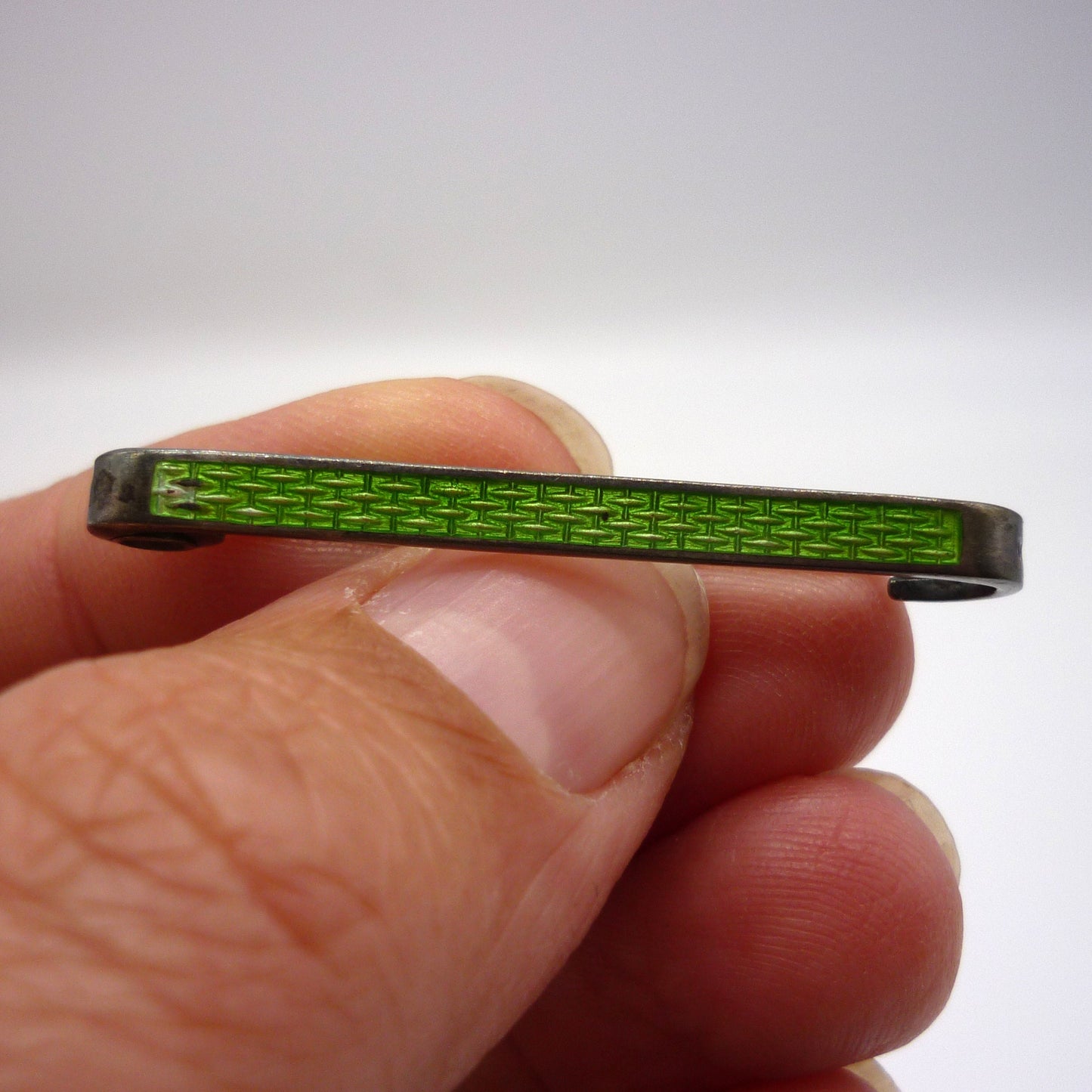 Edwardian Silver Bar Brooch with Green Enamel Woven Patterned Panel
