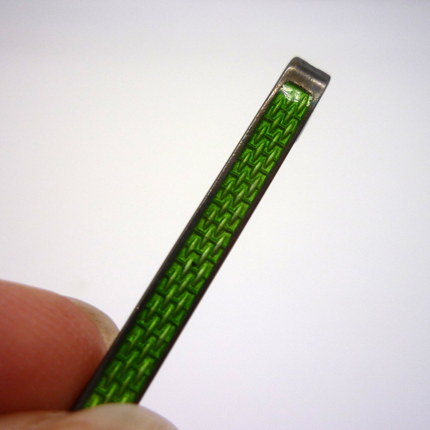Edwardian Silver Bar Brooch with Green Enamel Woven Patterned Panel