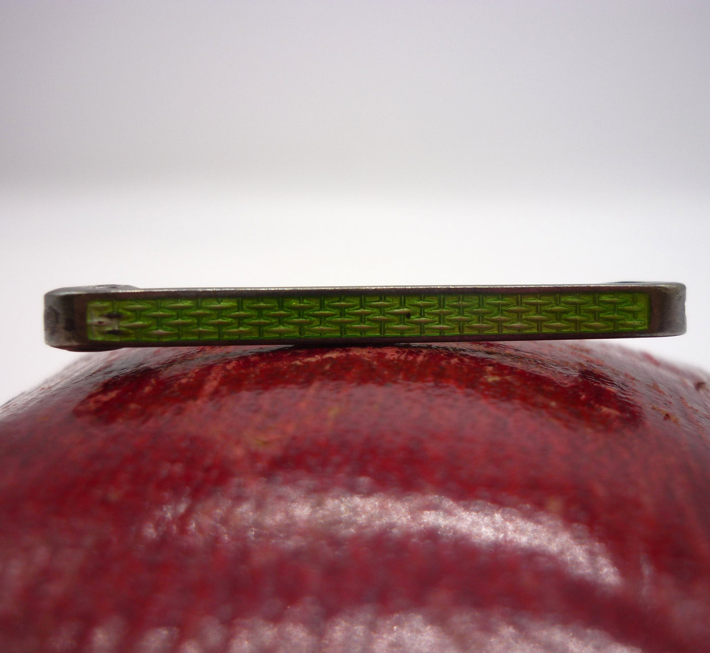 Edwardian Silver Bar Brooch with Green Enamel Woven Patterned Panel