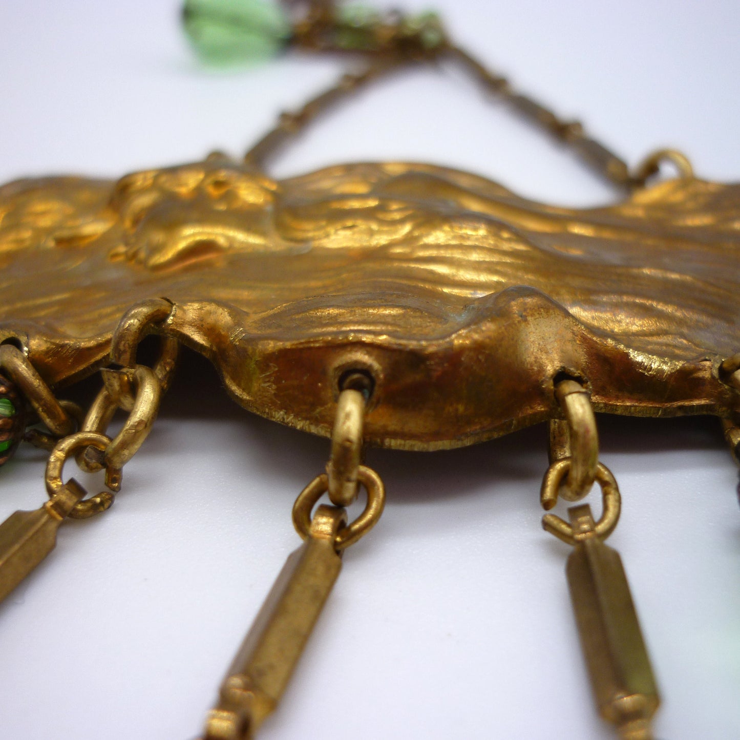 Art Nouveau Pendant Necklace, Repousse Relief Metal Panel with Green Beads