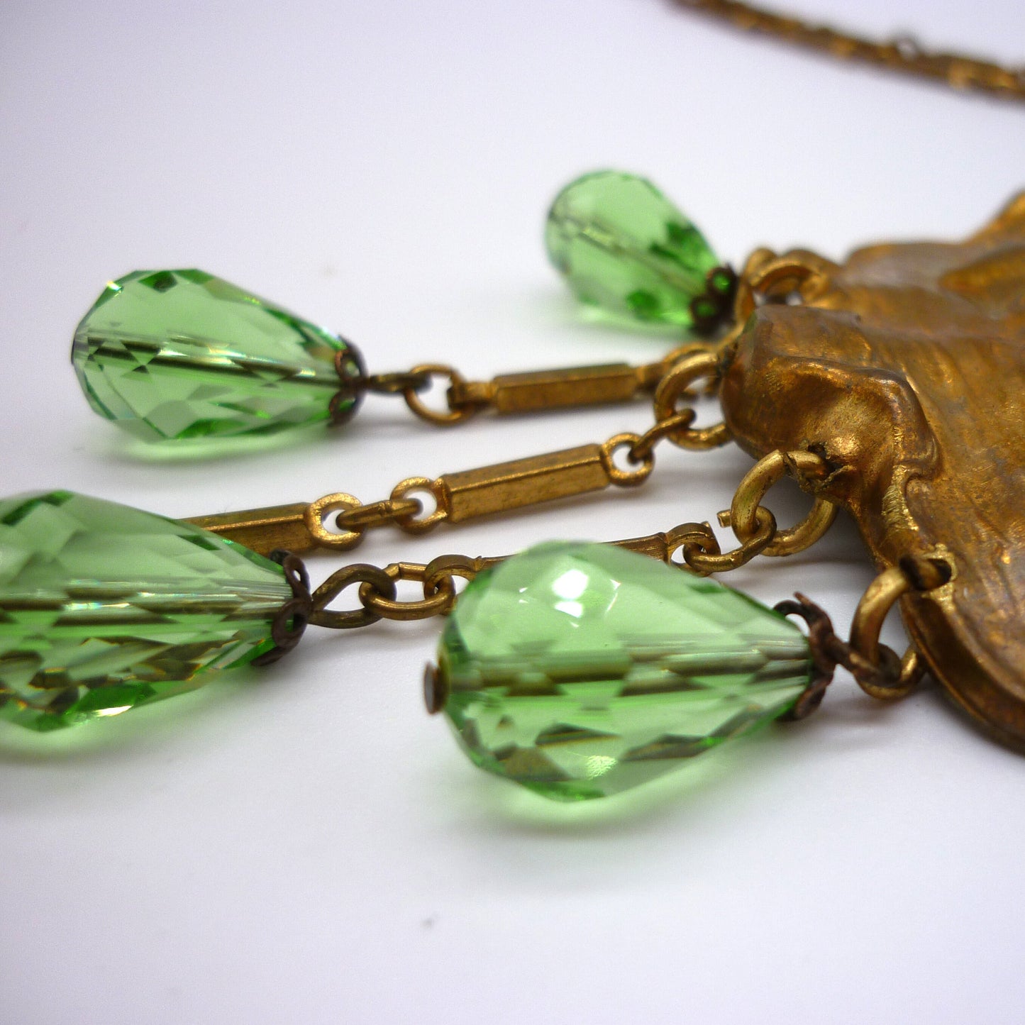 Art Nouveau Pendant Necklace, Repousse Relief Metal Panel with Green Beads