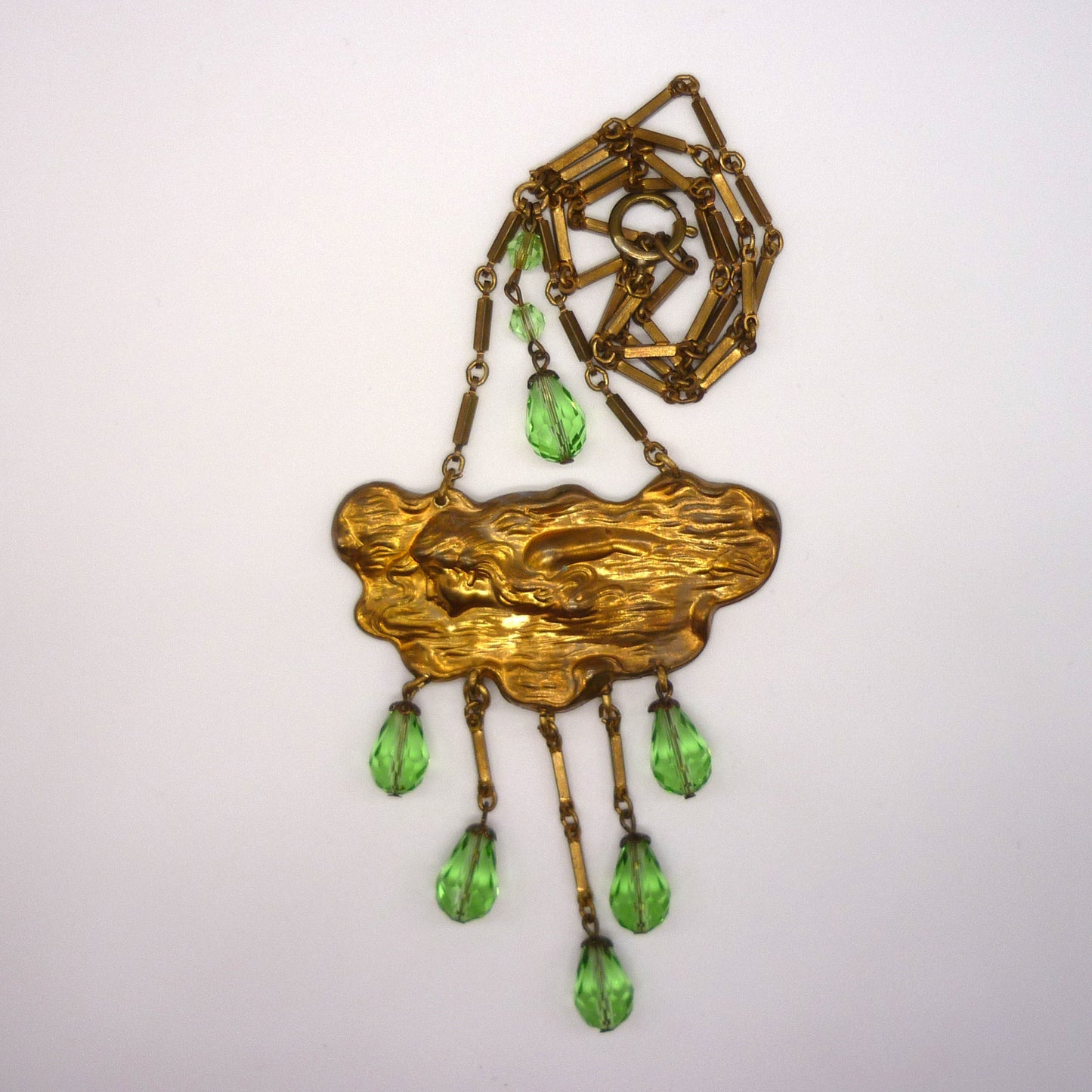 Art Nouveau Pendant Necklace, Repousse Relief Metal Panel with Green Beads