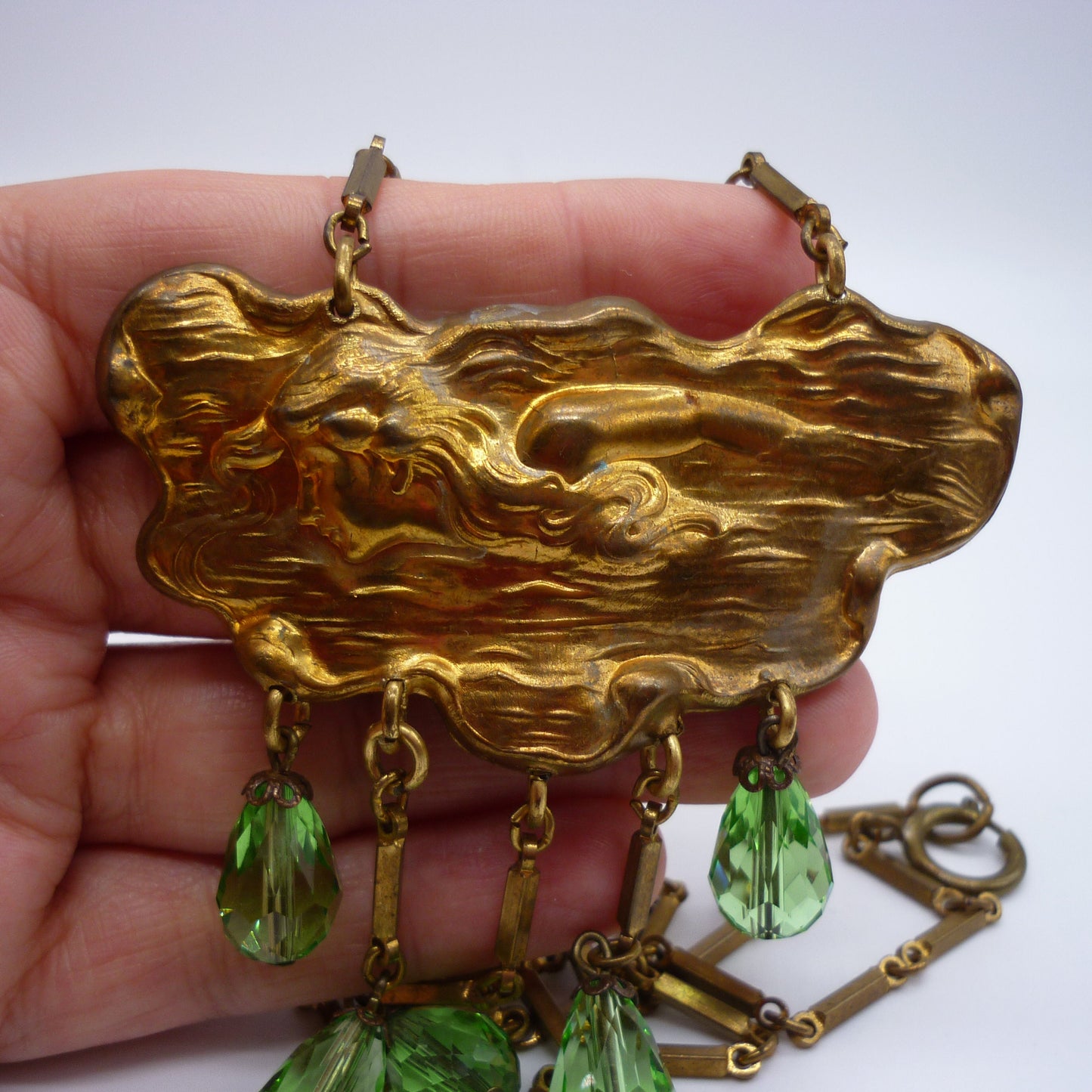 Art Nouveau Pendant Necklace, Repousse Relief Metal Panel with Green Beads