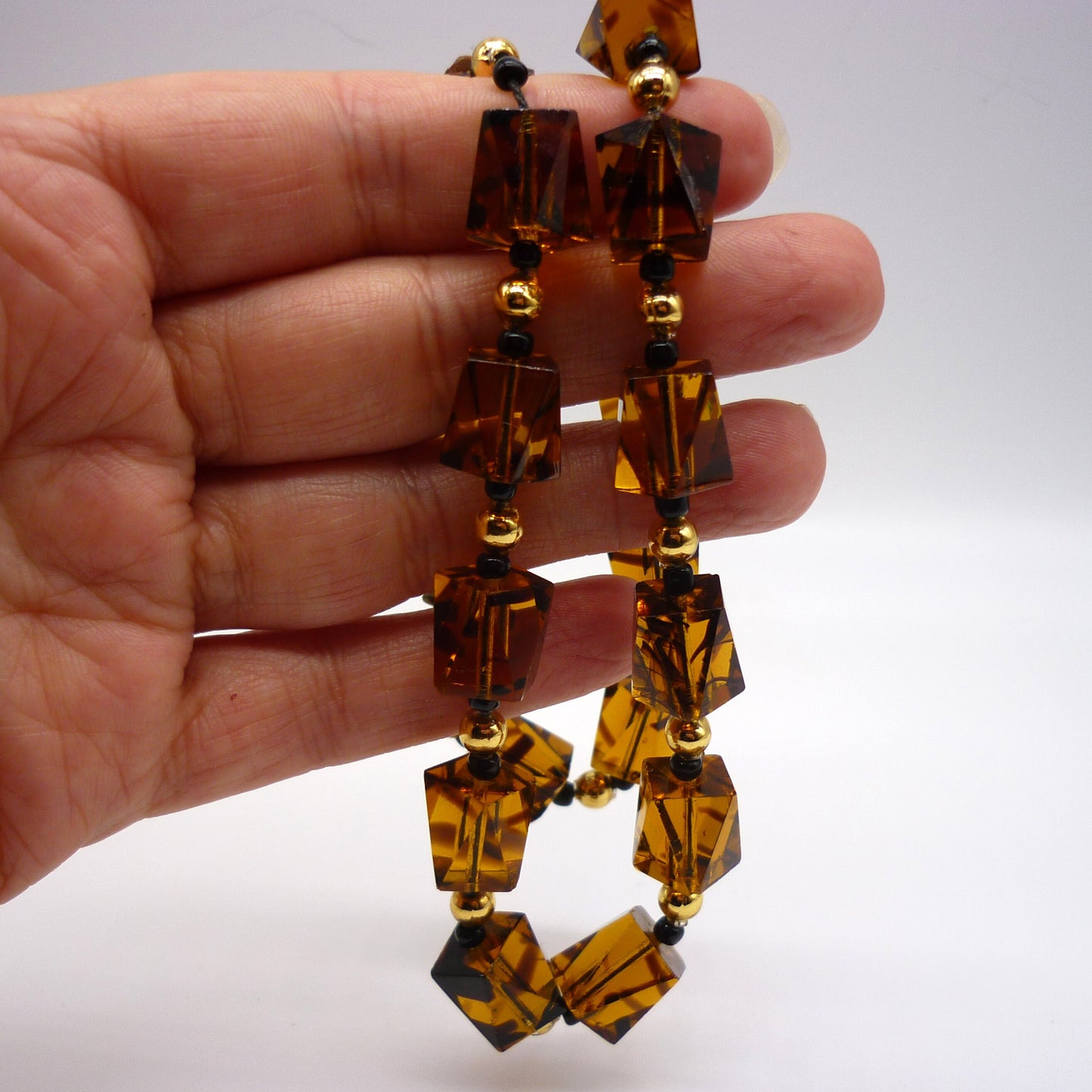 Vintage Striped Brown Glass Geometric Cut Glass Bead Necklace