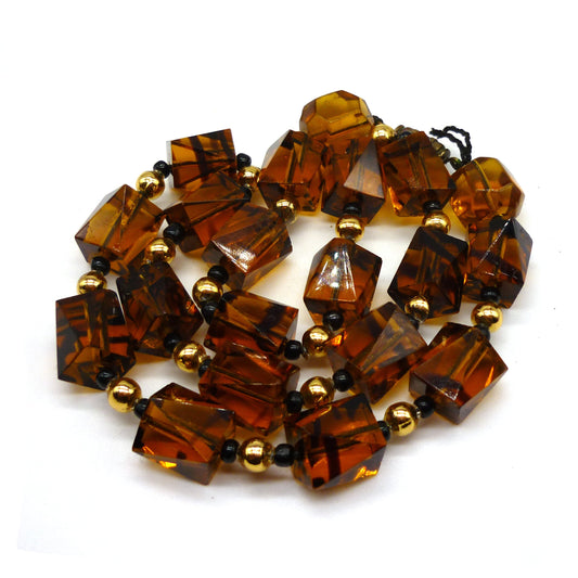 Vintage Striped Brown Glass Geometric Cut Glass Bead Necklace