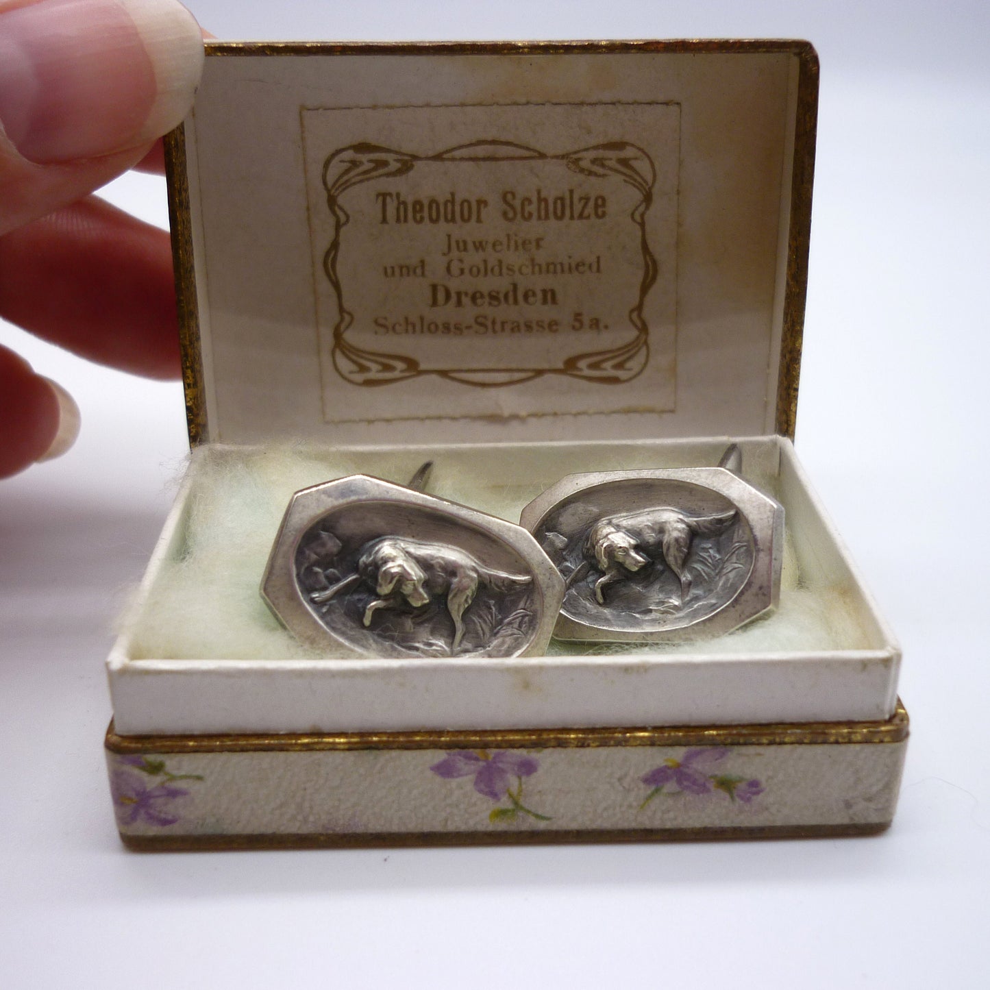 Antique German Silver Bloodhound Cufflinks by Gebrüder Falk, Pforzheim