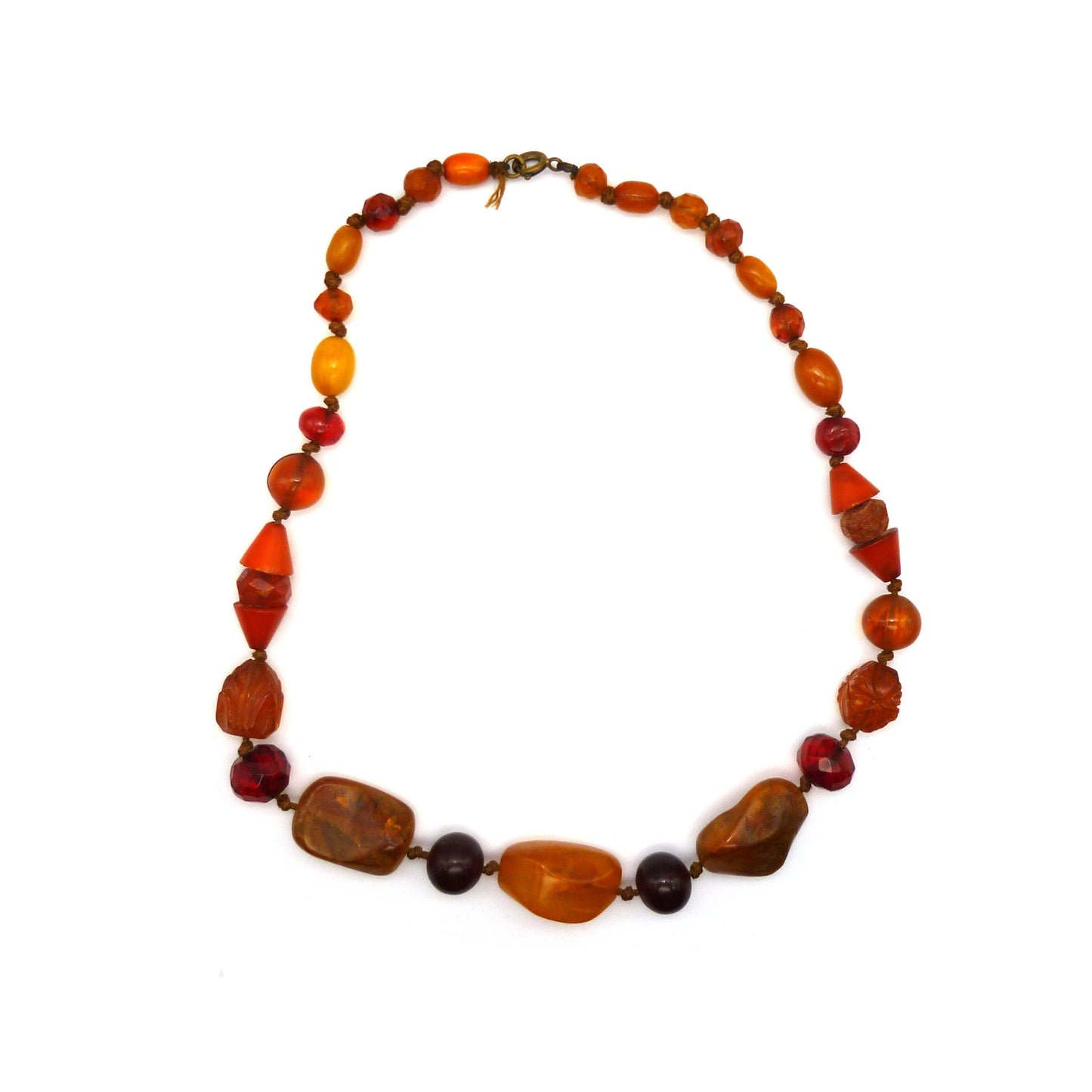 Antique Bakelite Necklace, Cherry and Amber Carved Early Plastic Beads