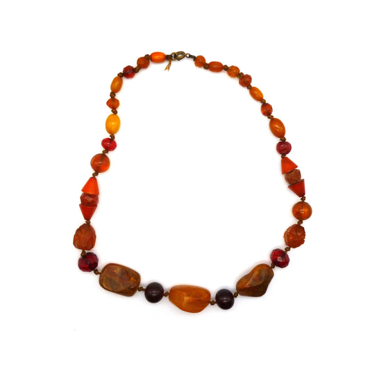 Antique Bakelite Necklace, Cherry and Amber Carved Early Plastic Beads