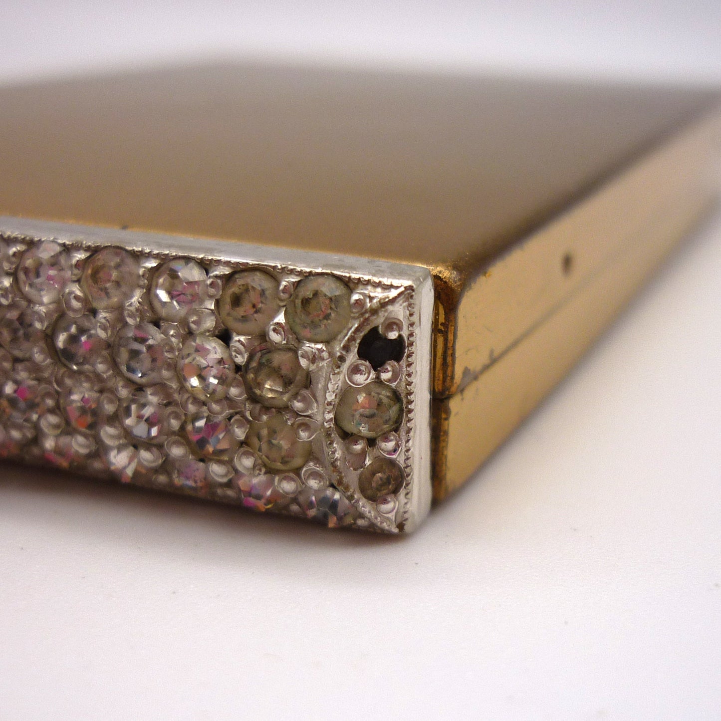 Vintage Gold Tone Powder Compact and Mirror with Rhinestone Catch