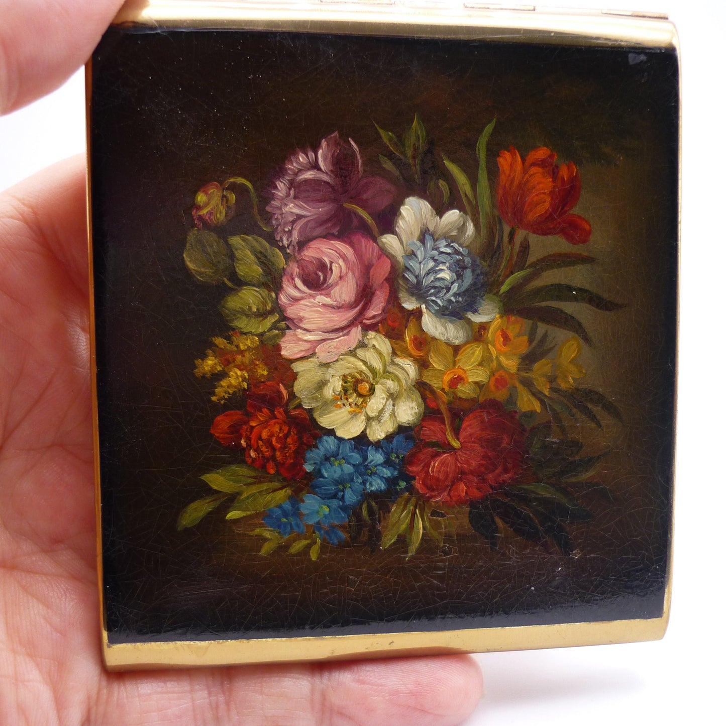 Vintage Stratton Compact with Hand Painted Floral Design