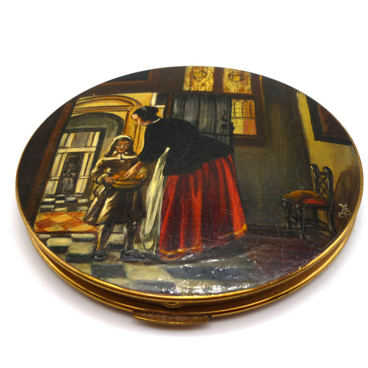 Vintage Stratton Compact: Hand Painted Lid, Floral Inner Lid