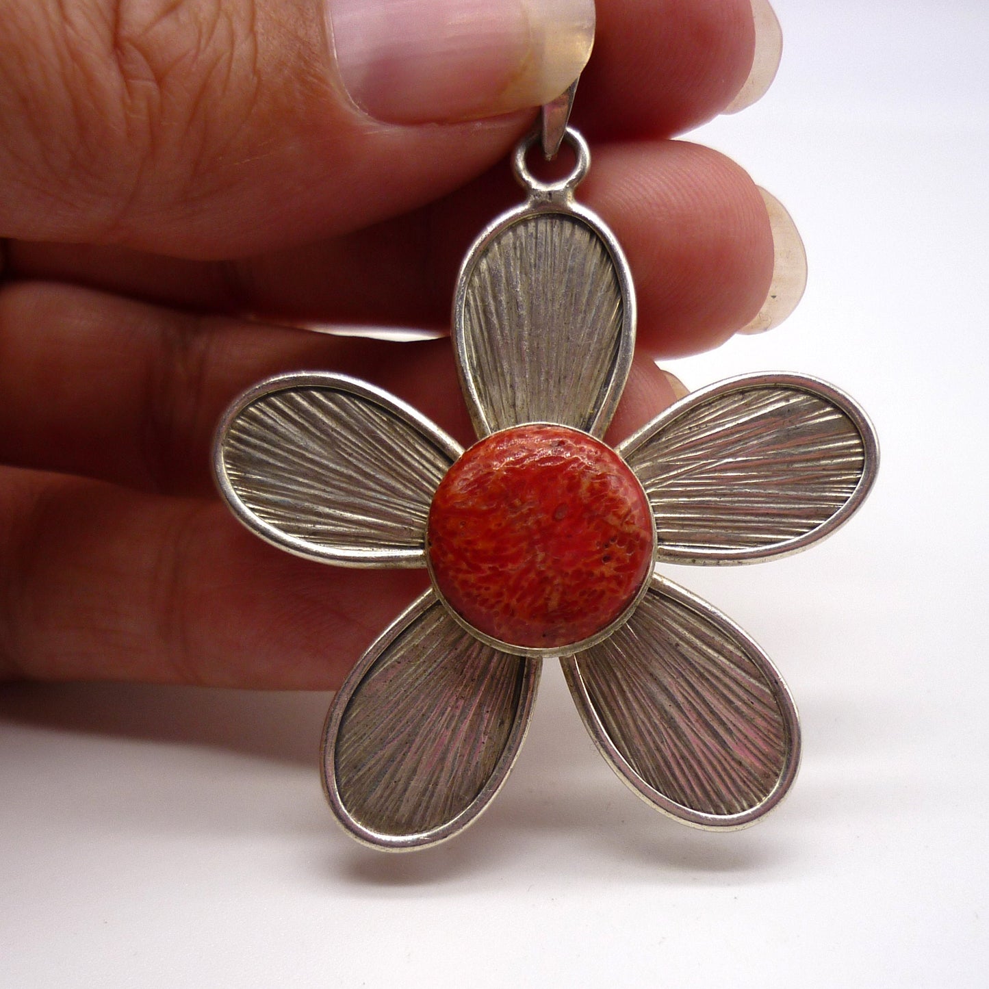 Large Silver Flower Pendant with Red Stone Centre on Diamond Cut Curb Chain
