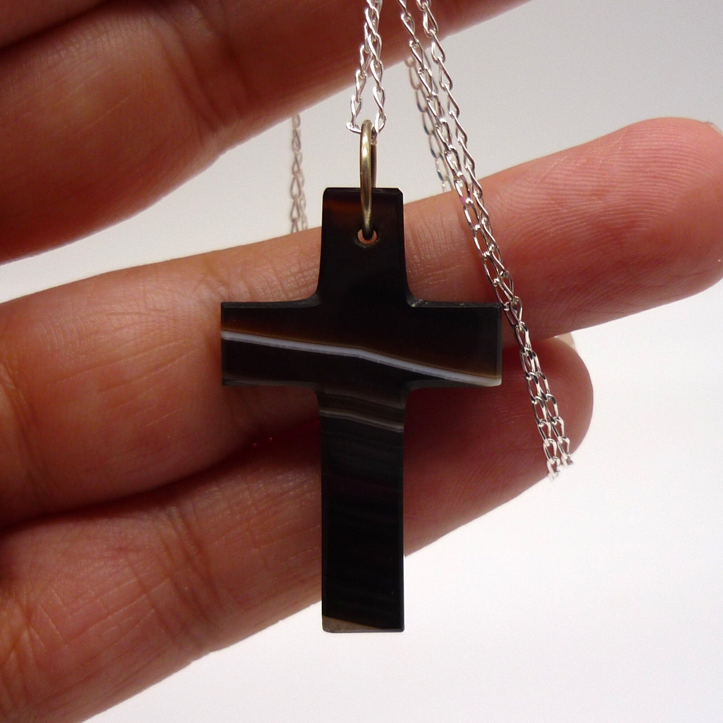 Antique Victorian Banded Agate Crucifix on Silver Curb Chain