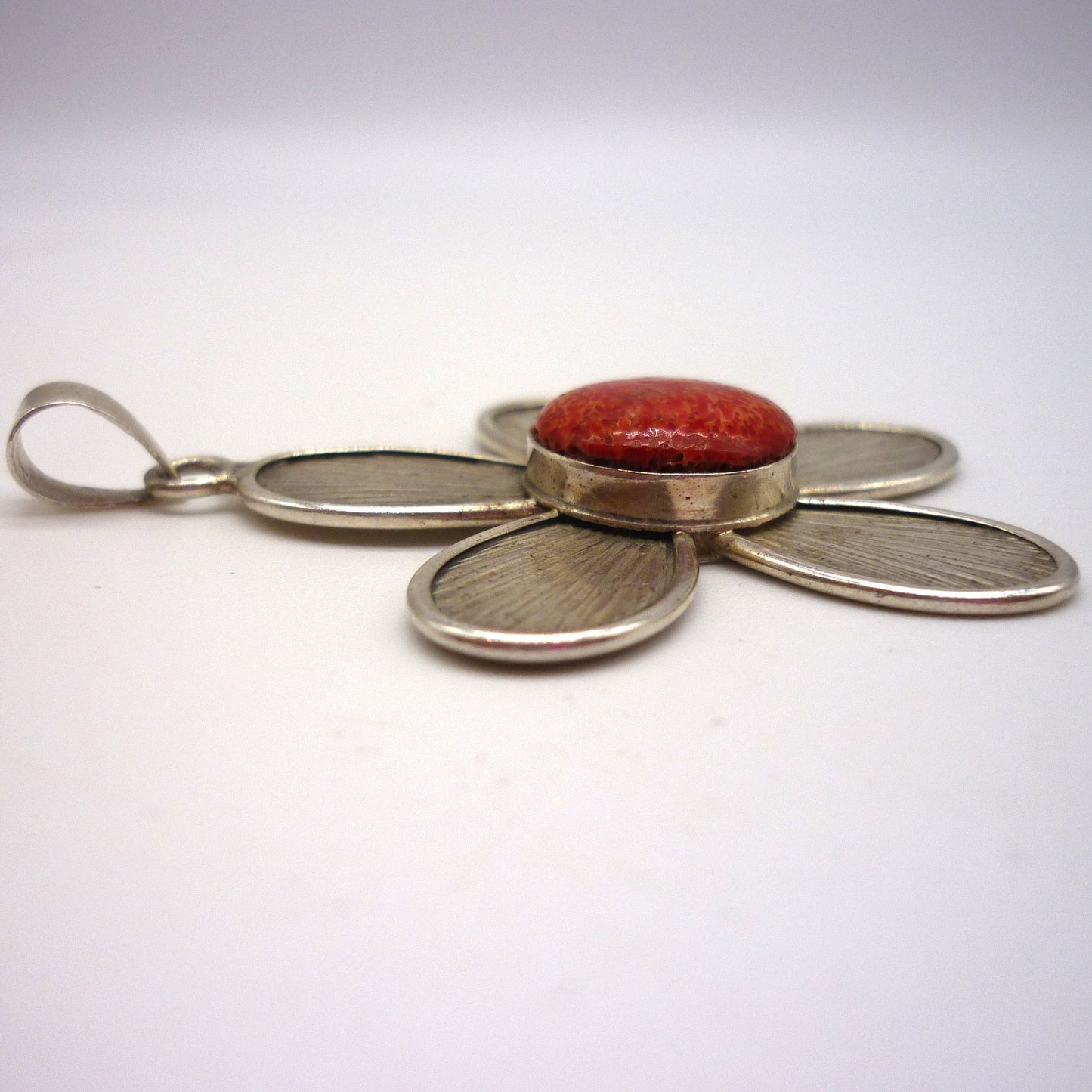 Large Silver Flower Pendant with Red Stone Centre on Diamond Cut Curb Chain