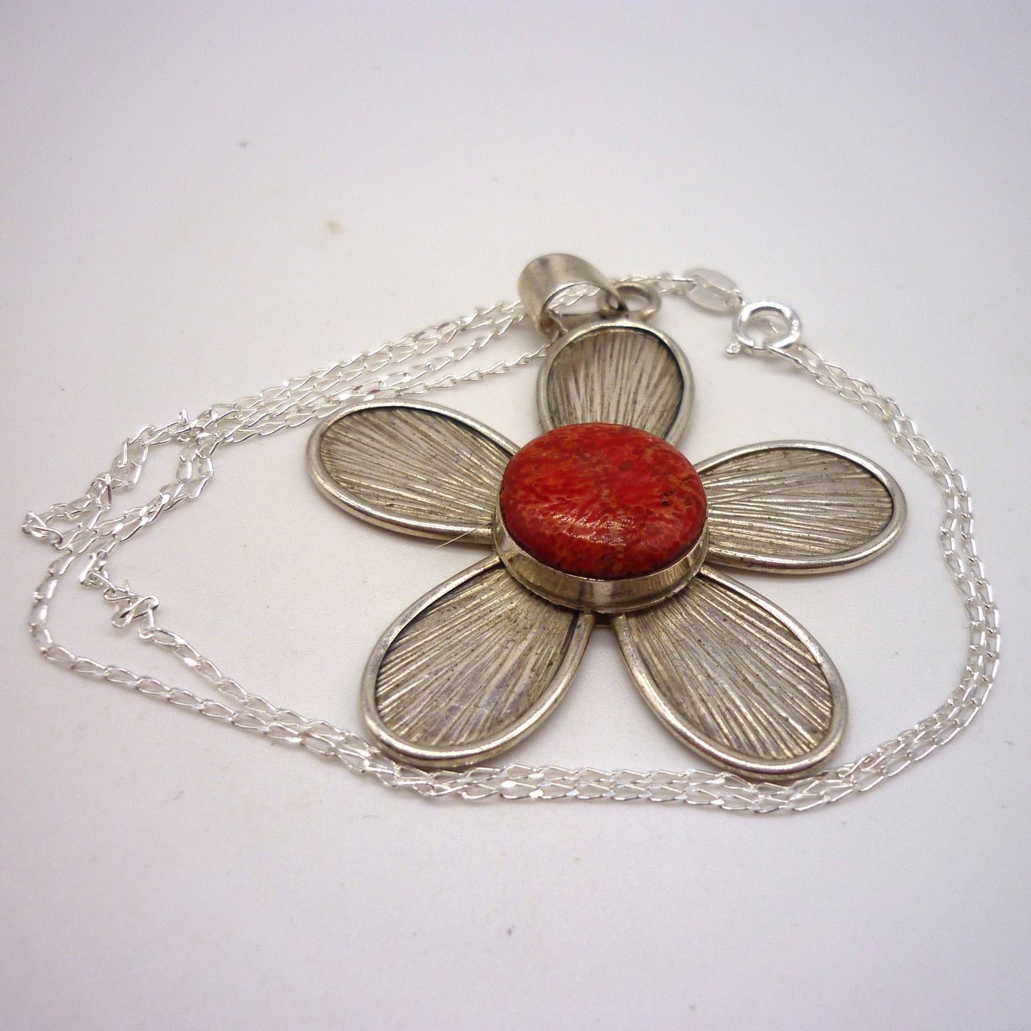 Large Silver Flower Pendant with Red Stone Centre on Diamond Cut Curb Chain