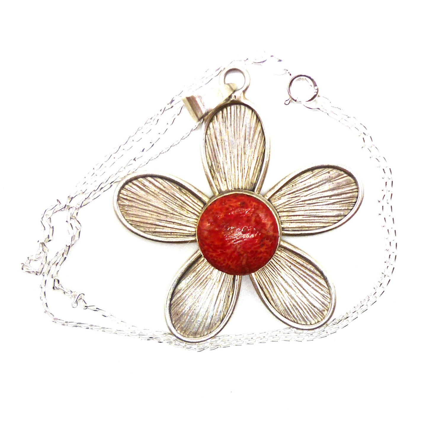 Large Silver Flower Pendant with Red Stone Centre on Diamond Cut Curb Chain