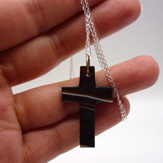 Antique Victorian Banded Agate Crucifix on Silver Curb Chain