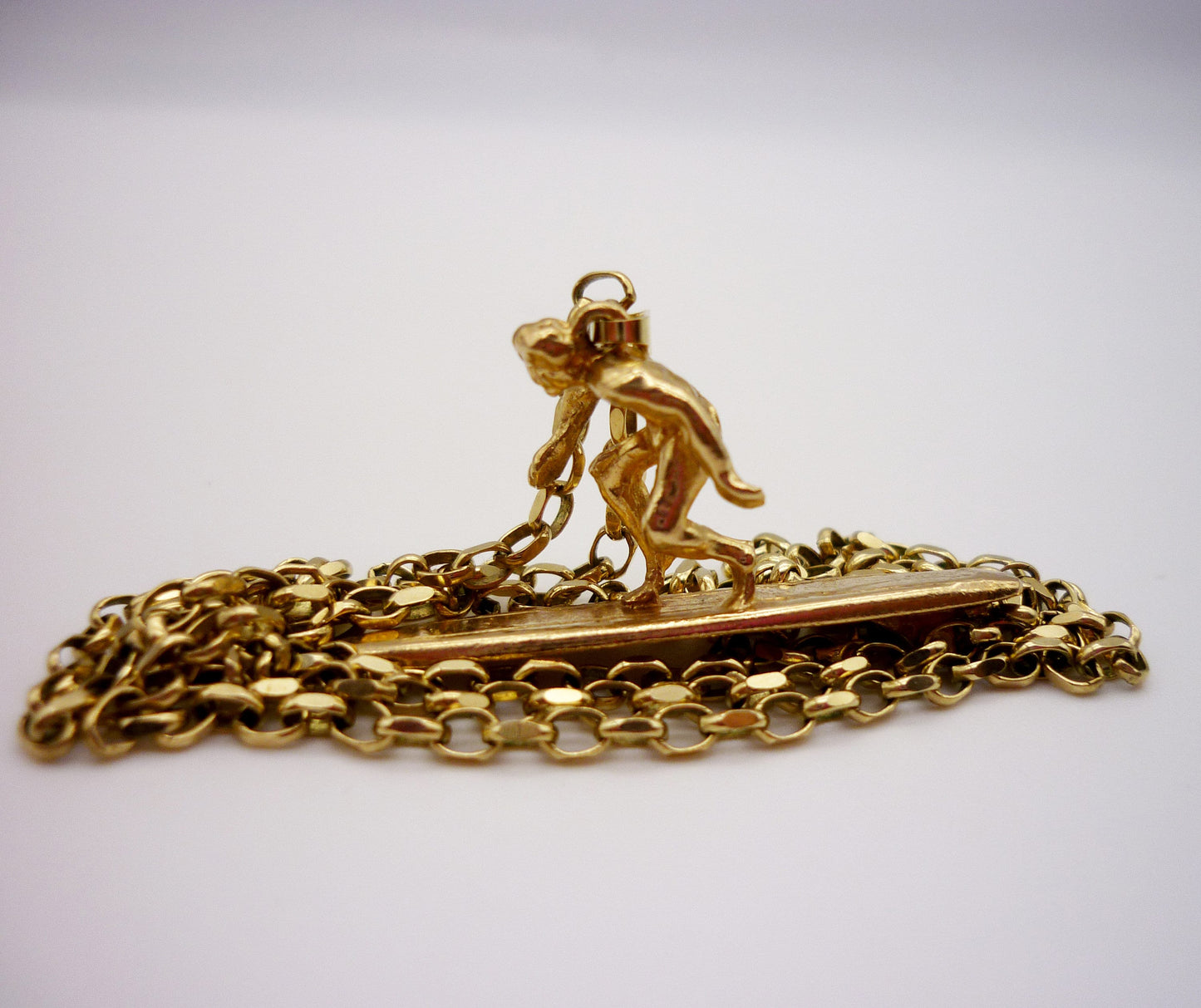 1970's Gold Surfboard Necklace, Surfer Pendant on 9k Belcher Chain