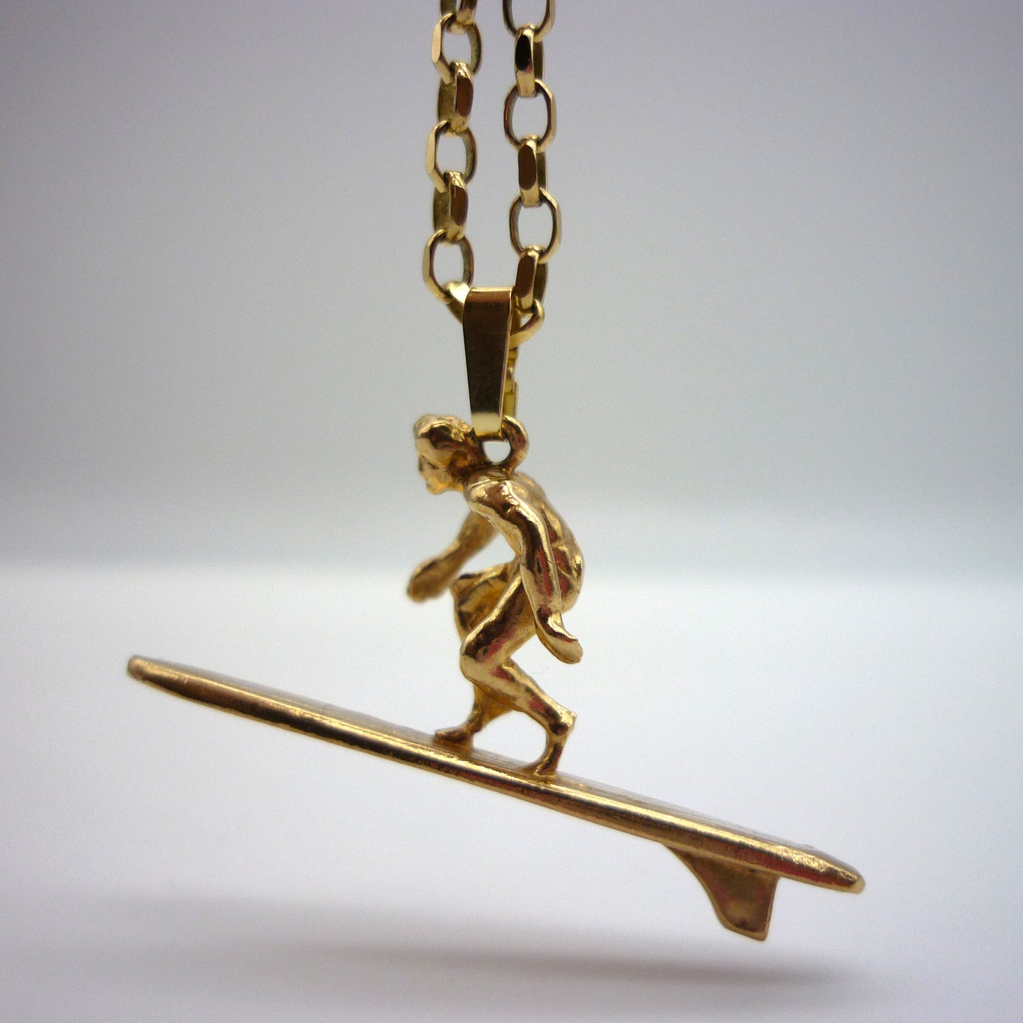 1970's Gold Surfboard Necklace, Surfer Pendant on 9k Belcher Chain