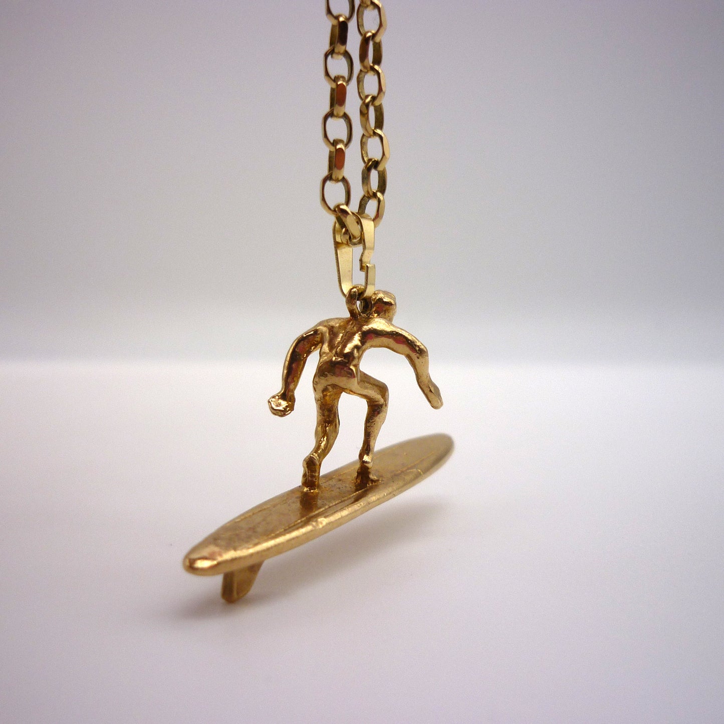 1970's Gold Surfboard Necklace, Surfer Pendant on 9k Belcher Chain