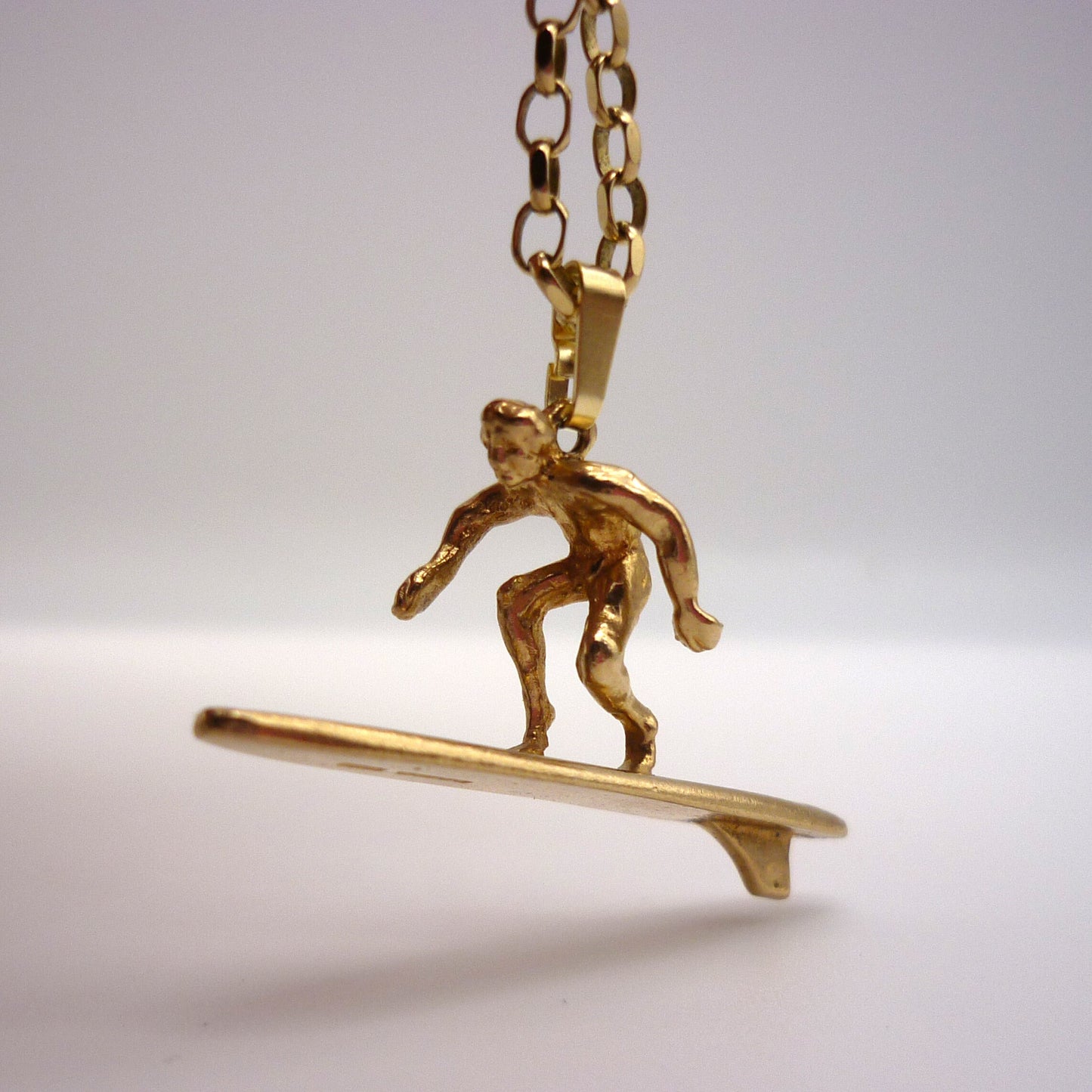 1970's Gold Surfboard Necklace, Surfer Pendant on 9k Belcher Chain