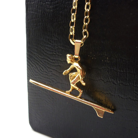 1970's Gold Surfboard Necklace, Surfer Pendant on 9k Belcher Chain