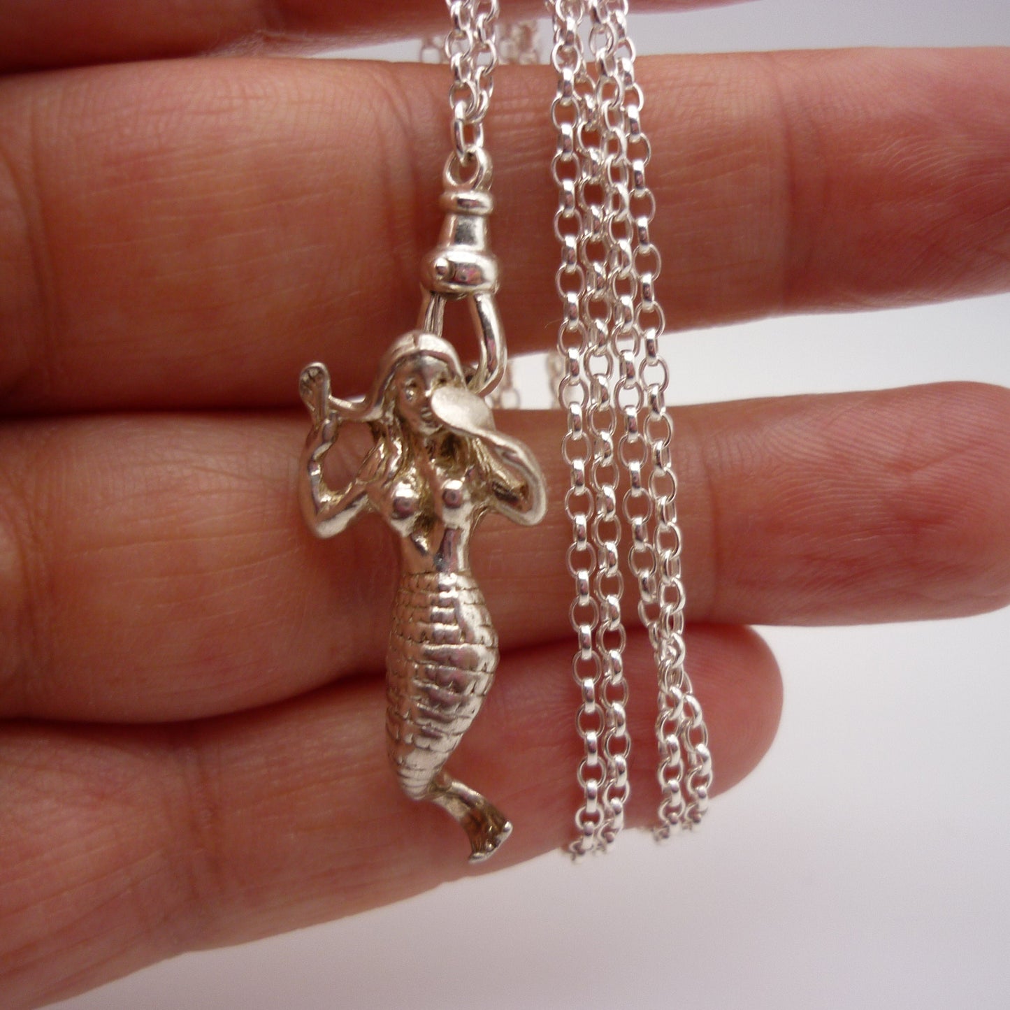 Vintage Silver Mermaid Charm with Clasp on Belcher Chain, Dainty Long Necklace with Pendant