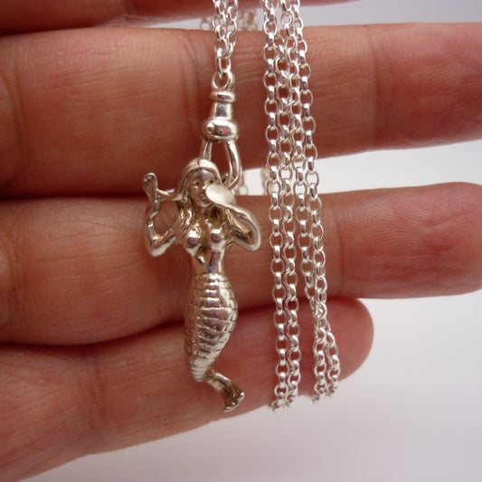 Vintage Silver Mermaid Charm with Clasp on Belcher Chain, Dainty Long Necklace with Pendant