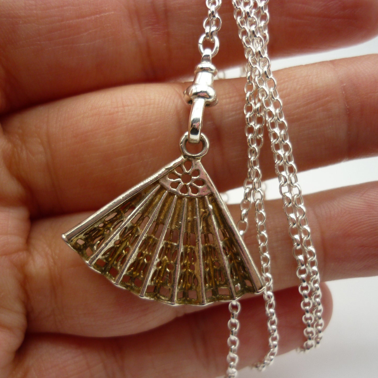 Vintage Silver Fan Charm with Clasp on Belcher Chain, Dainty Long Necklace with Pendant