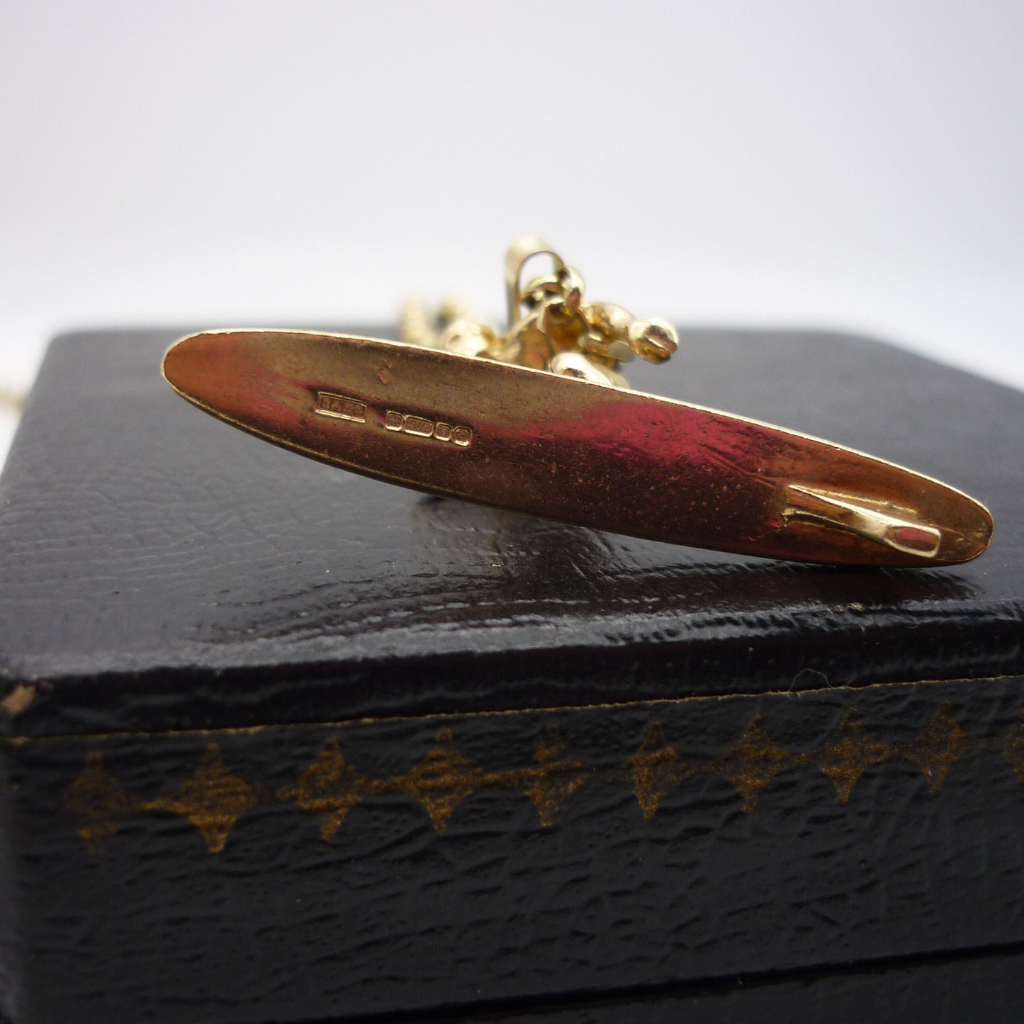 1970's Gold Surfboard Necklace, Surfer Pendant on 9k Belcher Chain