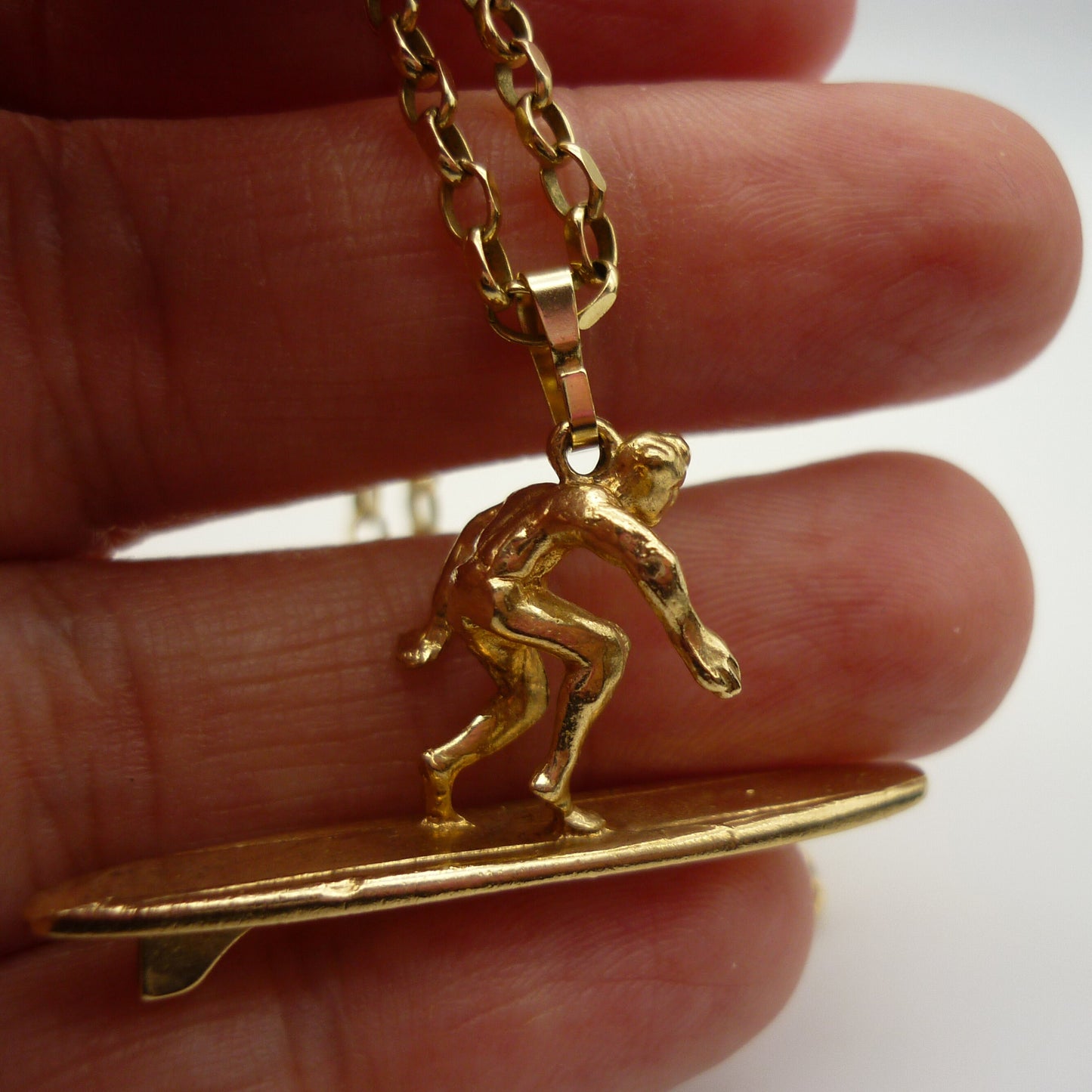 1970's Gold Surfboard Necklace, Surfer Pendant on 9k Belcher Chain