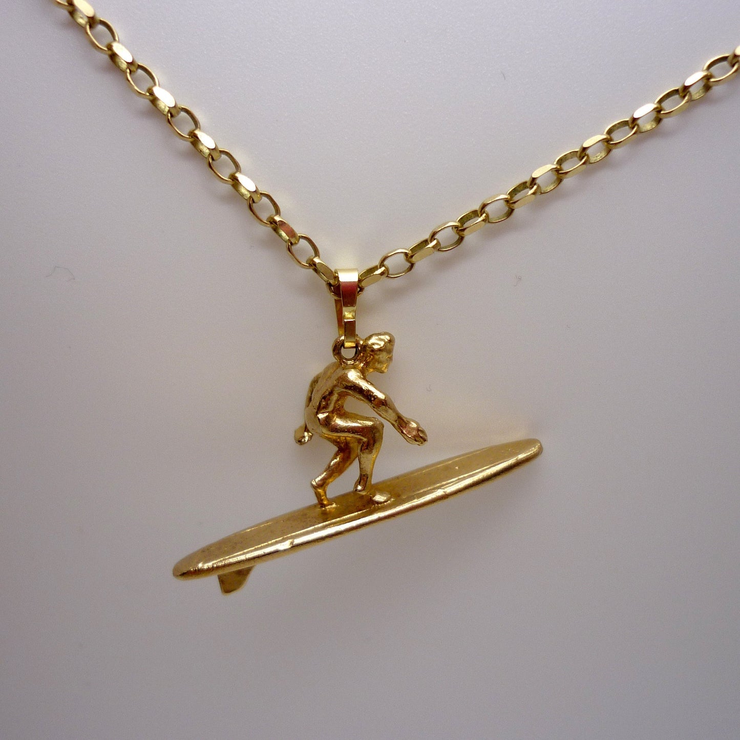 1970's Gold Surfboard Necklace, Surfer Pendant on 9k Belcher Chain