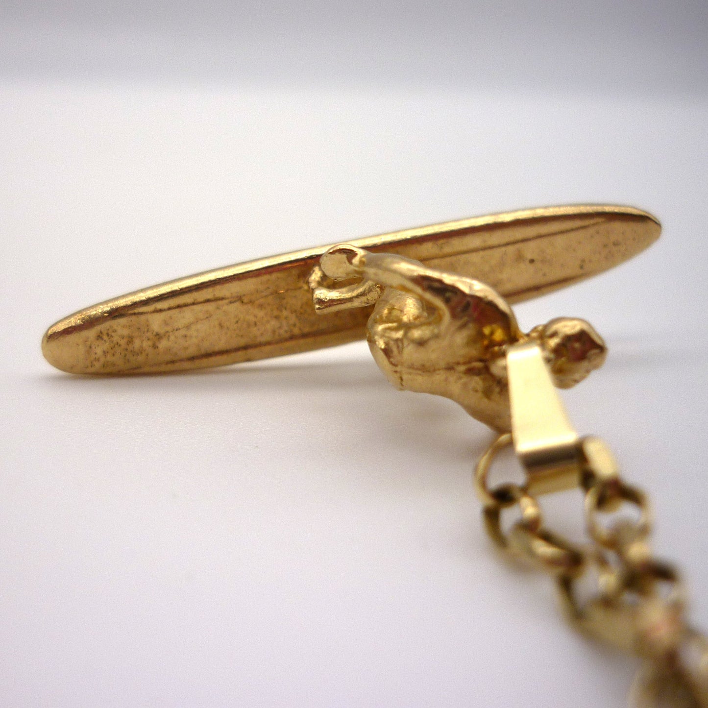 1970's Gold Surfboard Necklace, Surfer Pendant on 9k Belcher Chain
