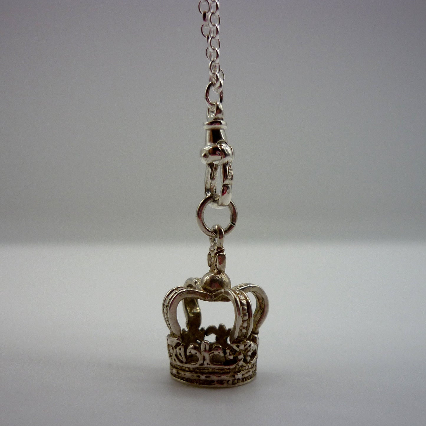 Silver Crown Charm on Clasp, Long Chain Necklace with 3D Crown Pendant