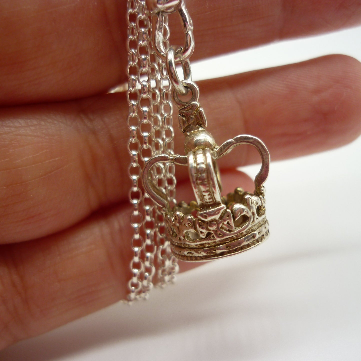 Silver Crown Charm on Clasp, Long Chain Necklace with 3D Crown Pendant