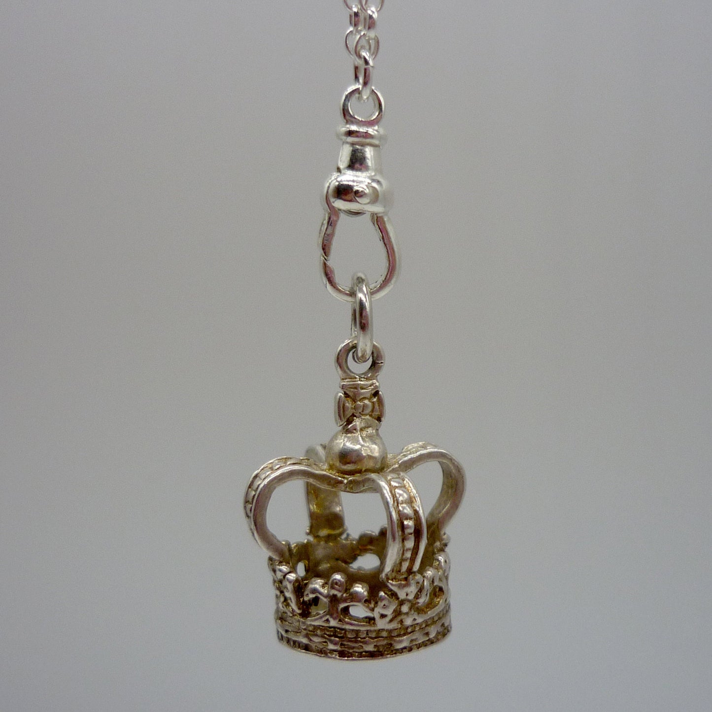 Silver Crown Charm on Clasp, Long Chain Necklace with 3D Crown Pendant