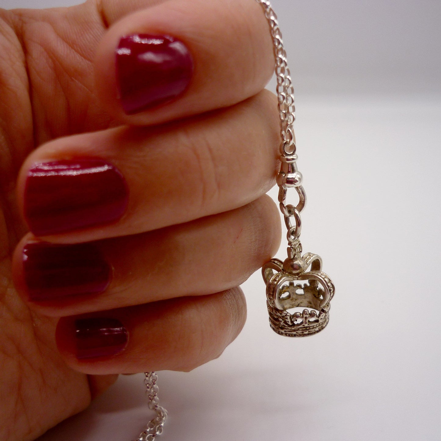 Silver Crown Charm on Clasp, Long Chain Necklace with 3D Crown Pendant