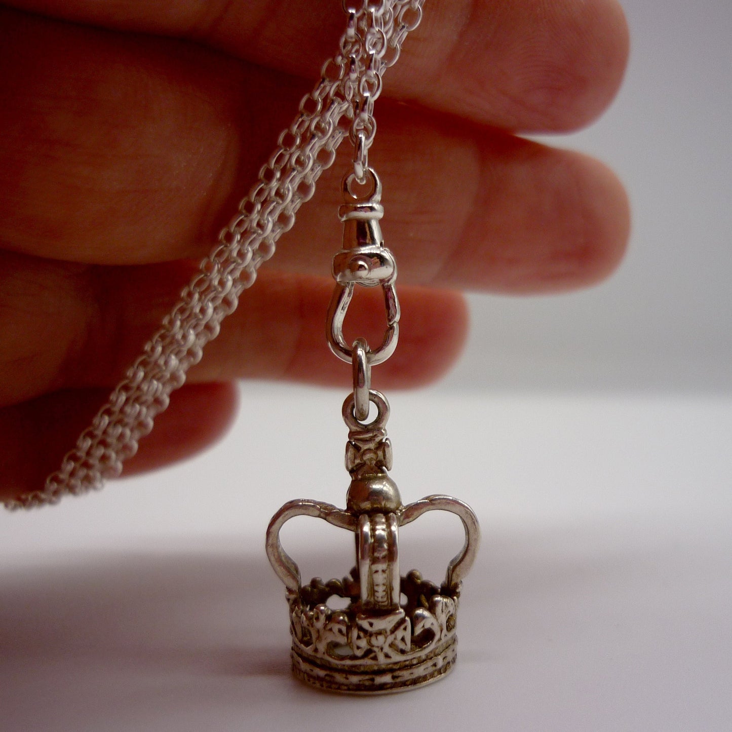Silver Crown Charm on Clasp, Long Chain Necklace with 3D Crown Pendant