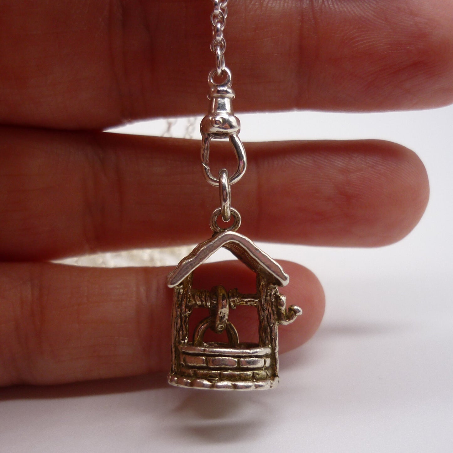 Wishing Well Necklace, Sterling Silver Chain Necklace with Pendant Charm on Clasp