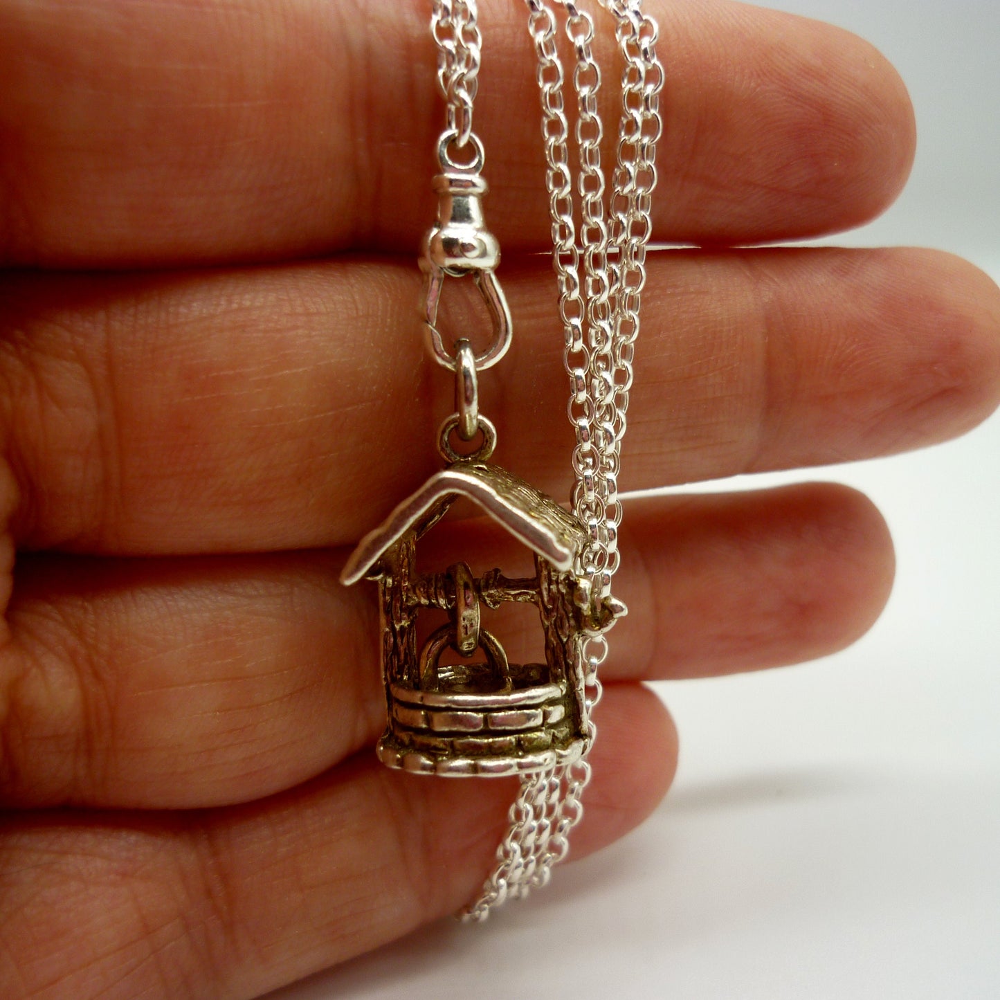 Wishing Well Necklace, Sterling Silver Chain Necklace with Pendant Charm on Clasp
