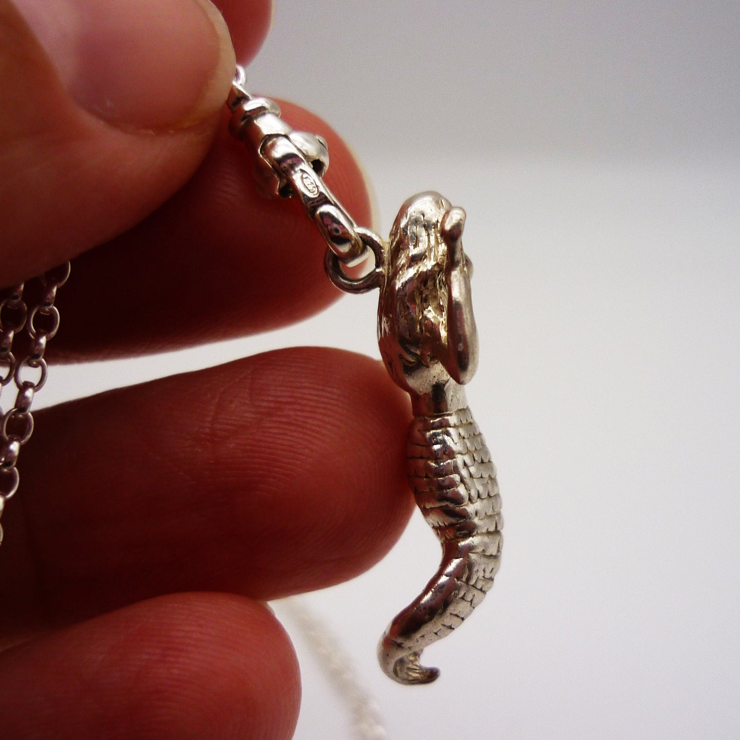 Vintage Silver Mermaid Charm with Clasp on Belcher Chain, Dainty Long Necklace with Pendant