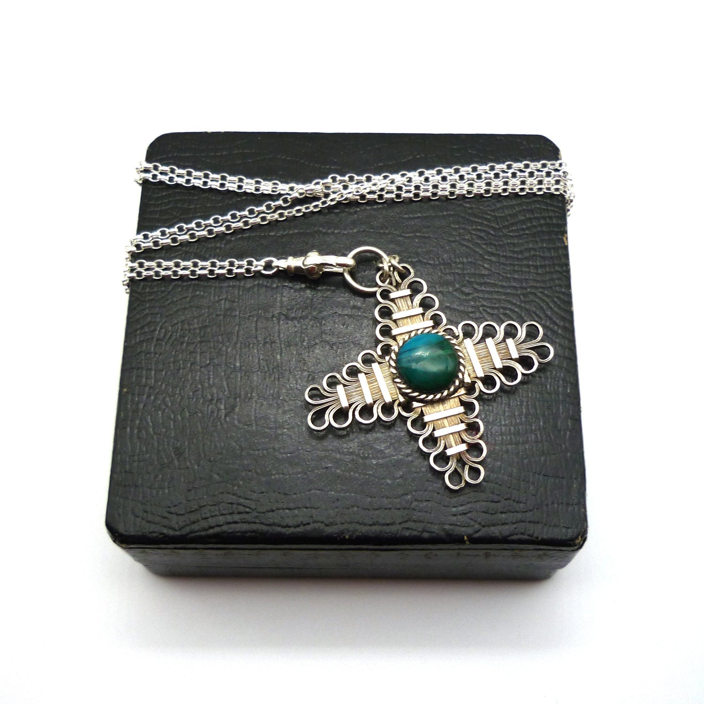 Silver Greek Cross Pendant Necklace: Turquoise Gemstone, Recycled Sterling Belcher Chain