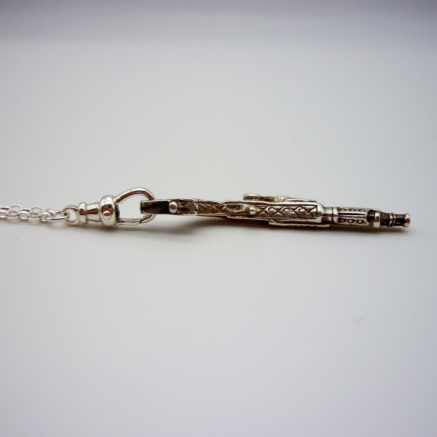 Vintage Silver Pistol Charm with Clasp on Belcher Chain, Dainty Long Necklace with Pendant
