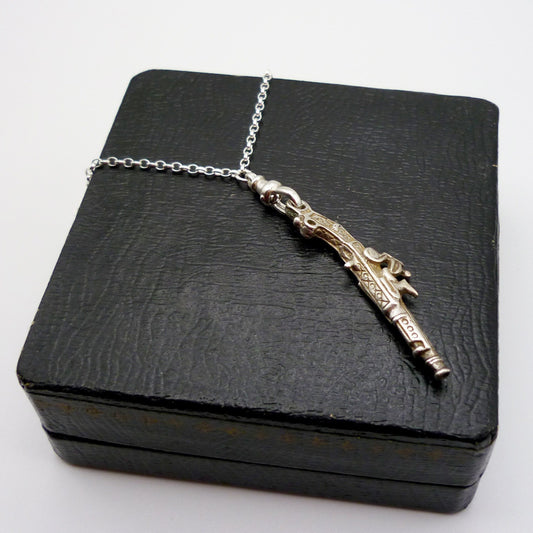 Vintage Silver Pistol Charm with Clasp on Belcher Chain, Dainty Long Necklace with Pendant
