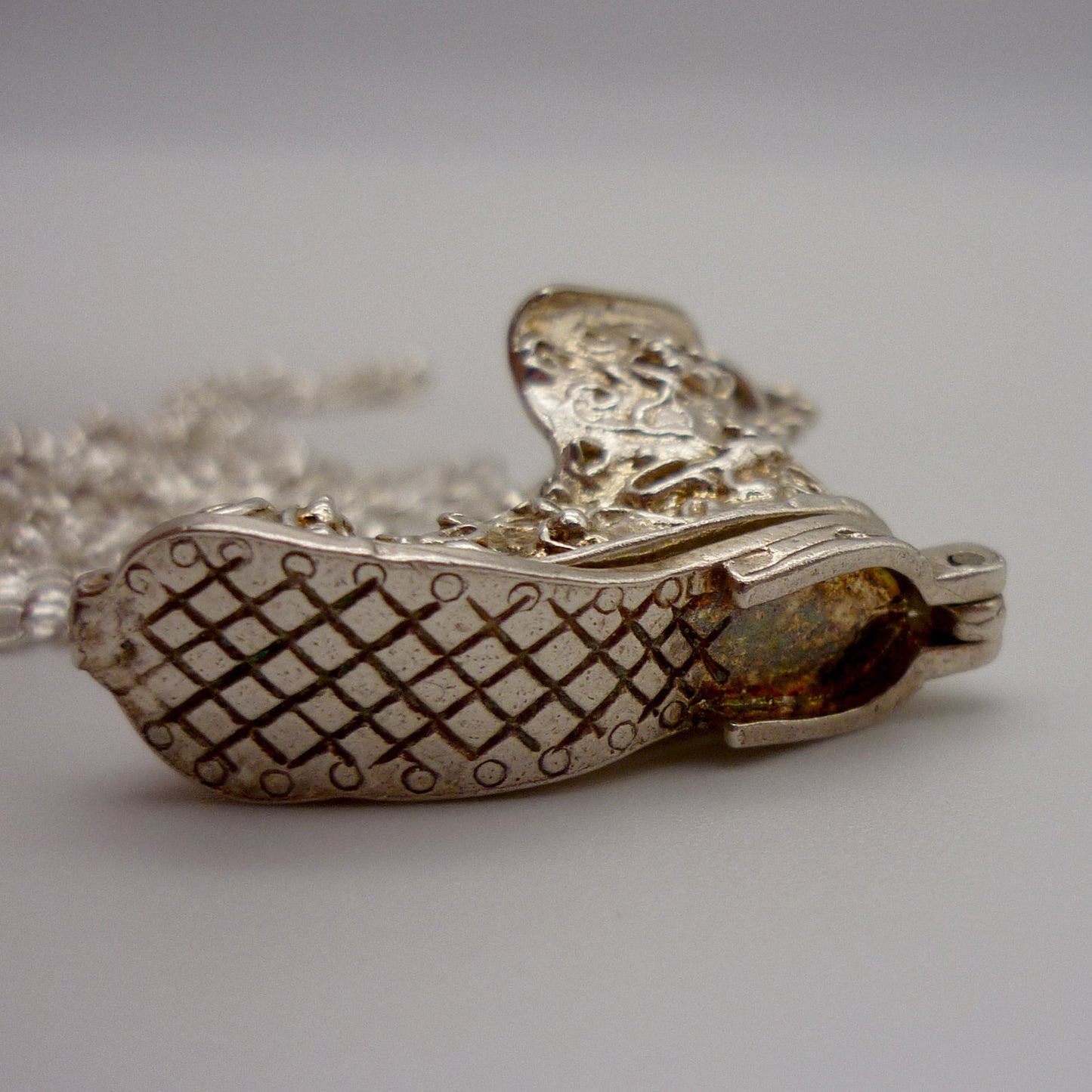 Vintage Opening Boot Charm Necklace: Recycled Silver Belcher Chain