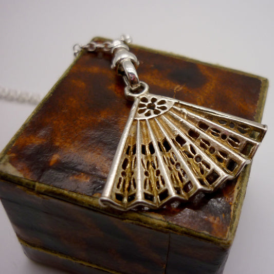 Vintage Silver Fan Charm with Clasp on Belcher Chain, Dainty Long Necklace with Pendant