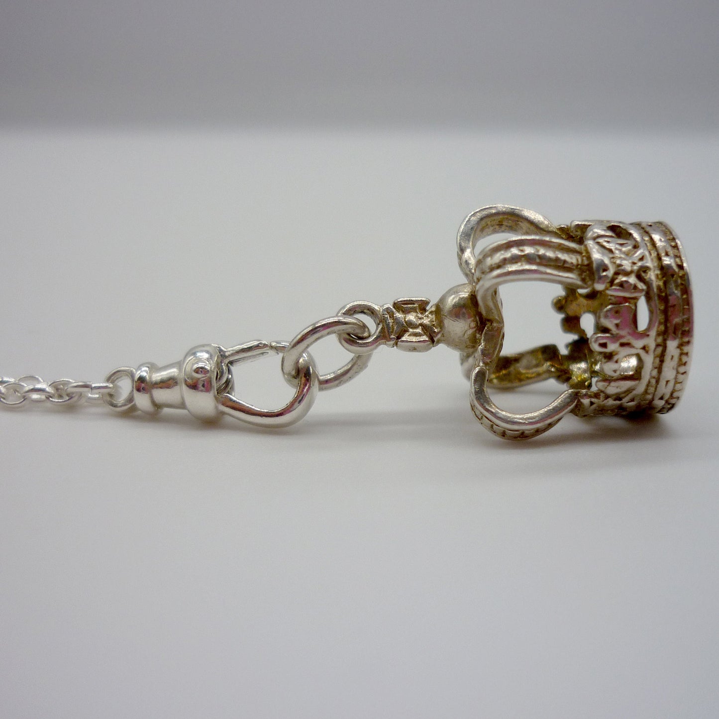 Silver Crown Charm on Clasp, Long Chain Necklace with 3D Crown Pendant